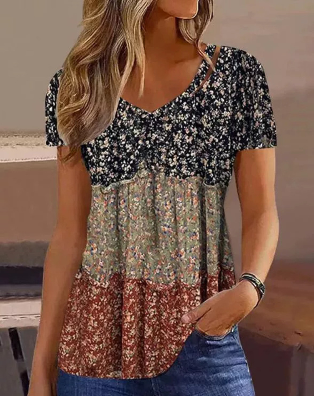 ZARA Summer Printed Color Block Short Sleeve Tee Versatile Stylish